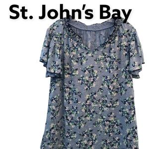 St. Johns Bay Blue Floral Flutter sleeve Pullover Blouse NWT L